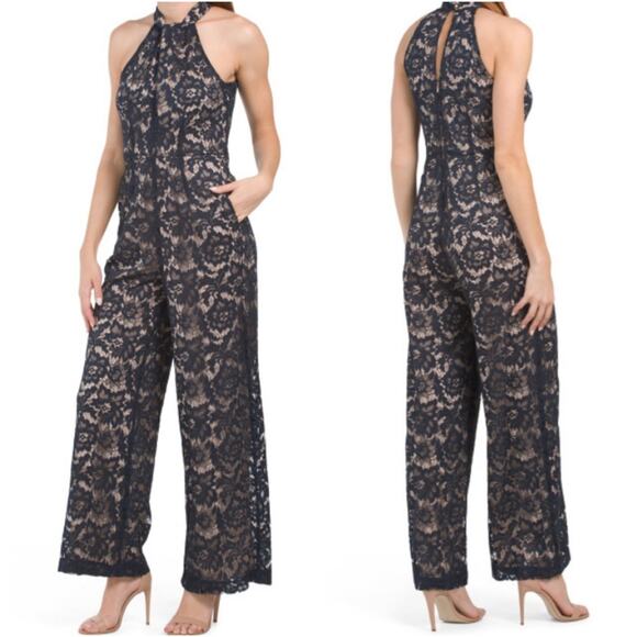 Julia Jordan Black Lace Halter Neck Wide Leg Jumpsuit - Picture 2 of 8